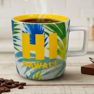 Starbucks Hawaii Local Collection Coffee Mug 14oz Palm Leaf Tropical Yellow Blue